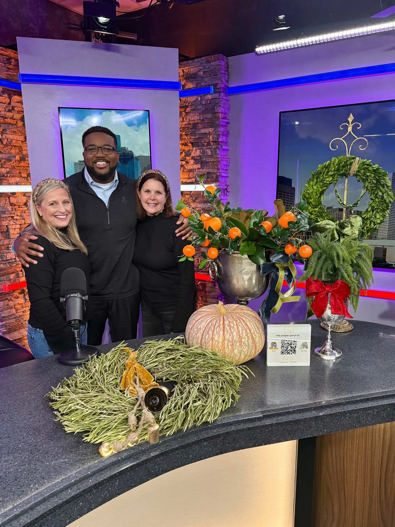 Michelle and Stephanie sharing seasonal porch ideas on a Houston morning show
