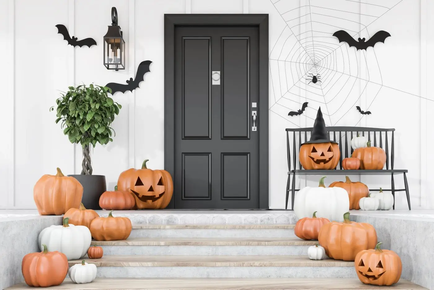Halloween porch decorated with pumpkins