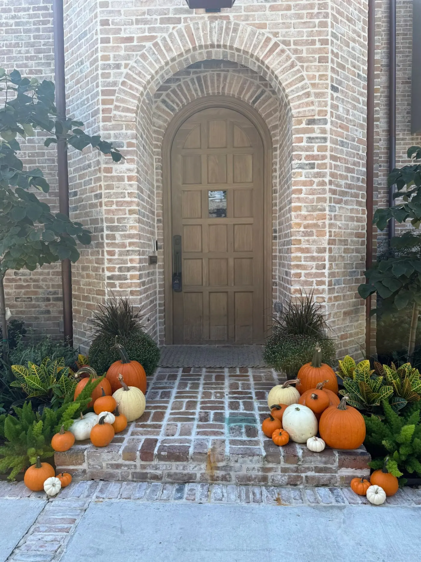 A brick arched entry styled with heirloom pumpkins along the steps