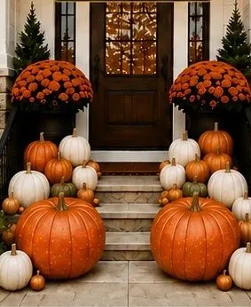 Grand Harvest porch example: A grand, stunning display with two big mac pumpkins, elevated height, and abundant pumpkins.