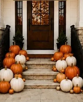 Porchside Charm porch example: A balanced display with pumpkins and height on the steps.