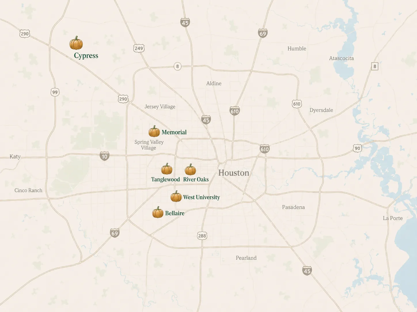 Map of Houston with pumpkins marking the proper porch service areas: Cypress, Bridgeland and Towne Lake to the northwest, Katy and the Energy Corridor along I-10, The Woodlands to the north, and Memorial, Tanglewood, River Oaks, West University and Bellaire inside and around the 610 Loop.